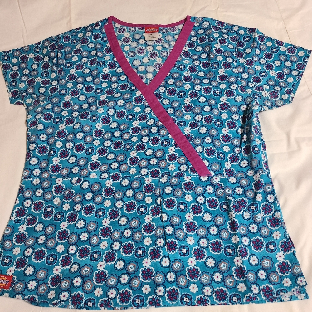 Blue Floral Scrub Top with Pink Trim